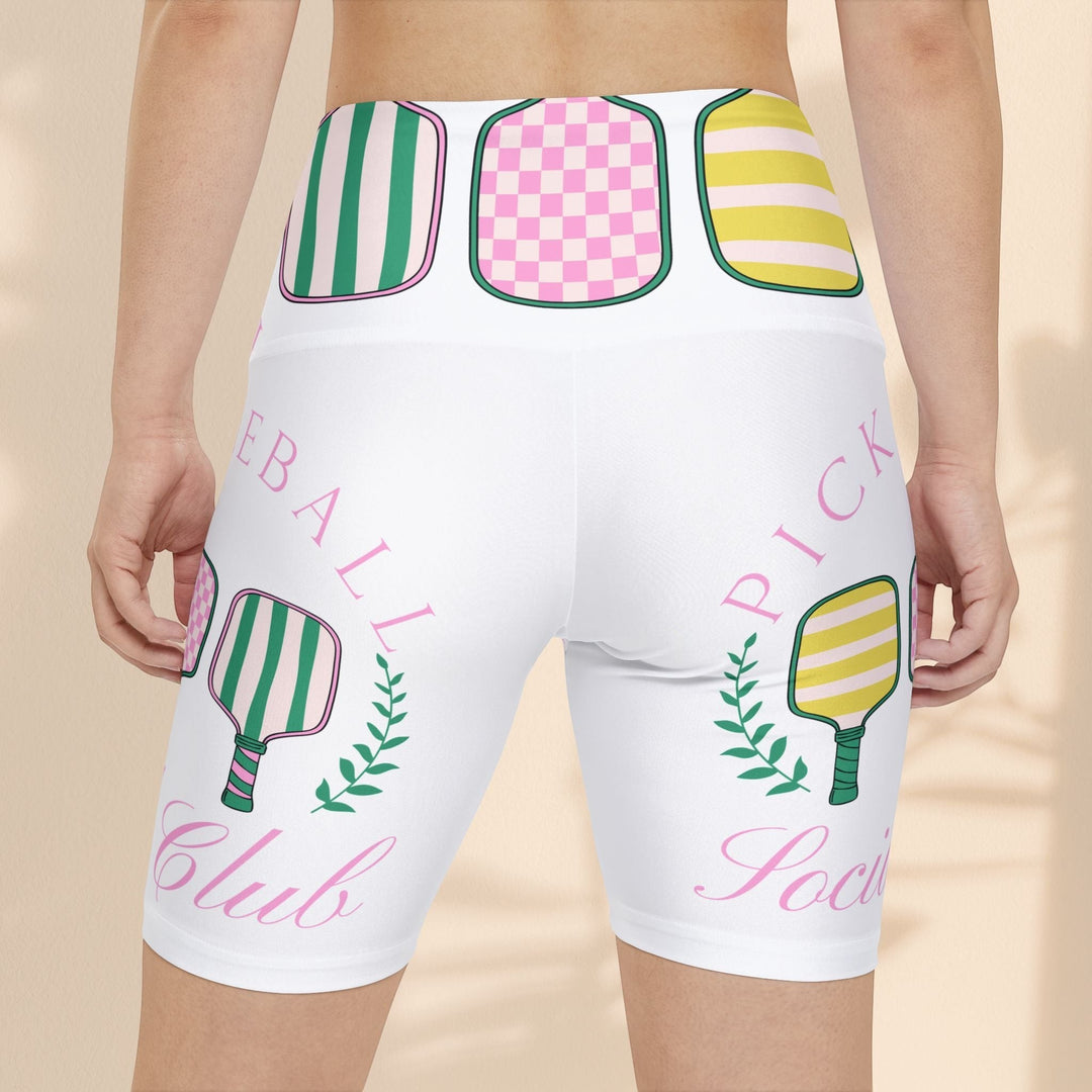 Sea Dragon Dreams women's white athletic shorts with a colorful pickleball paddle print and elastic waistband.