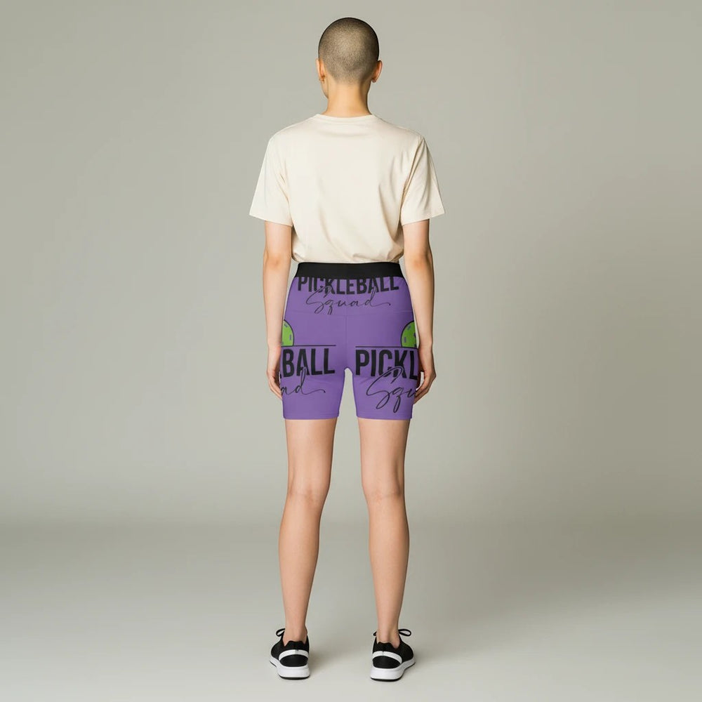Sea Dragon Dreams women's purple workout shorts with Pickleball Squad graphic, featuring an elastic waistband.