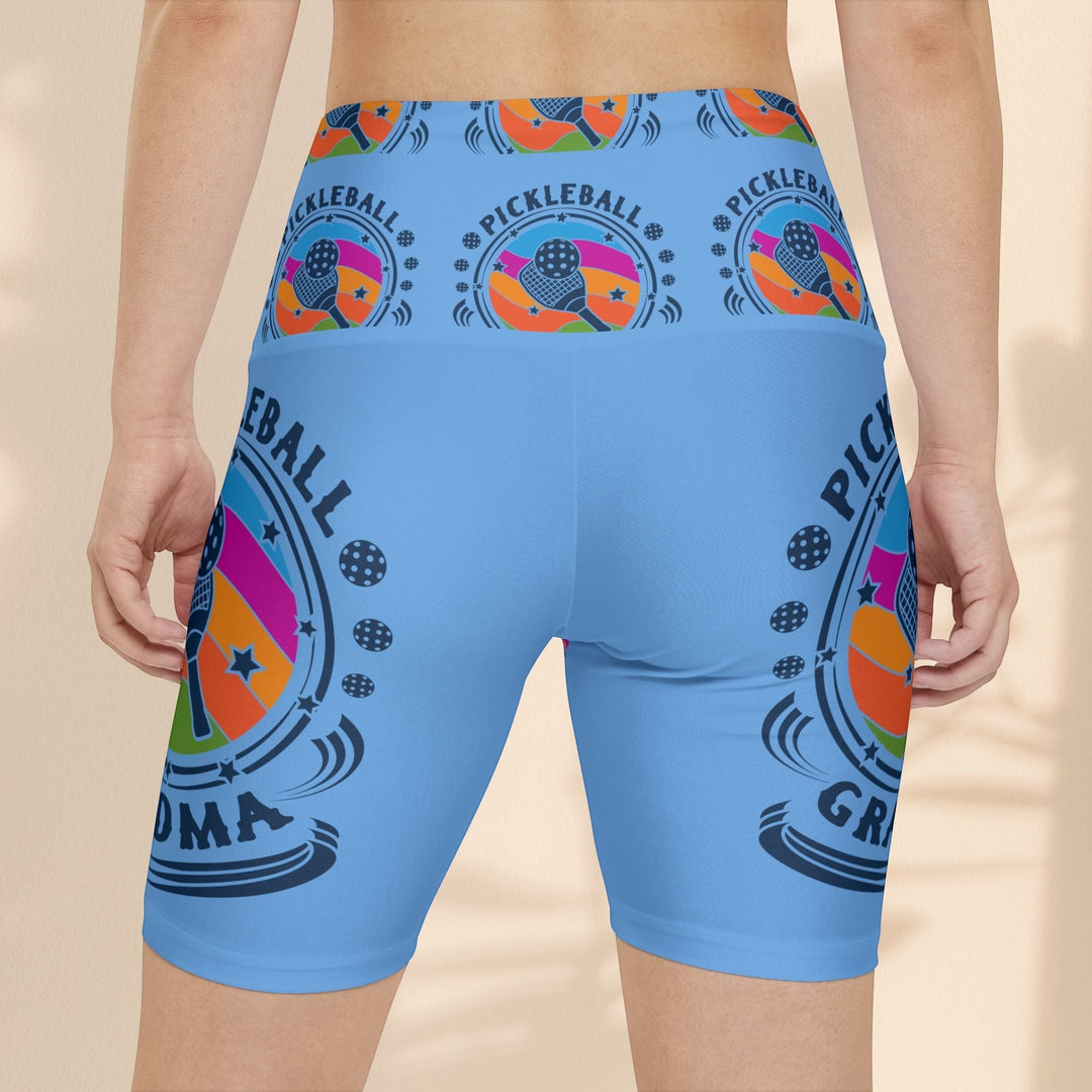 Sea Dragon Dreams light blue workout shorts with Pickleball Grandma graphic print, made from quick-dry polyester.