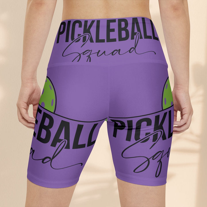 Sea Dragon Dreams purple polyester workout shorts with Pickleball Squad graphic print on the back