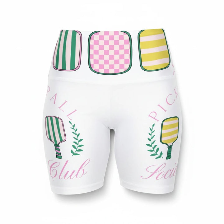 Sea Dragon Dreams women's white athletic shorts with a colorful pickleball paddle print and elastic waistband.