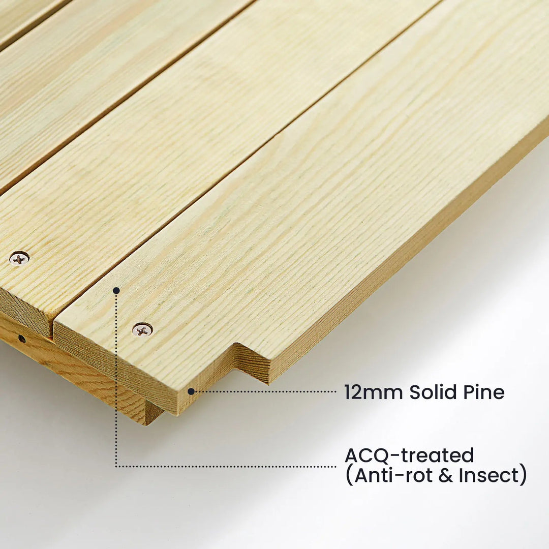 Sea Dragon Dreams Tiny Land mud kitchen 12mm thick ACQ-treated solid pine wood panel detail for outdoor durability.