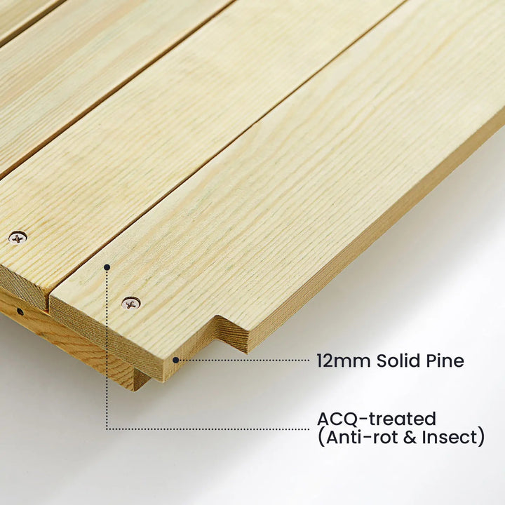 Sea Dragon Dreams Tiny Land mud kitchen 12mm thick ACQ-treated solid pine wood panel detail for outdoor durability.