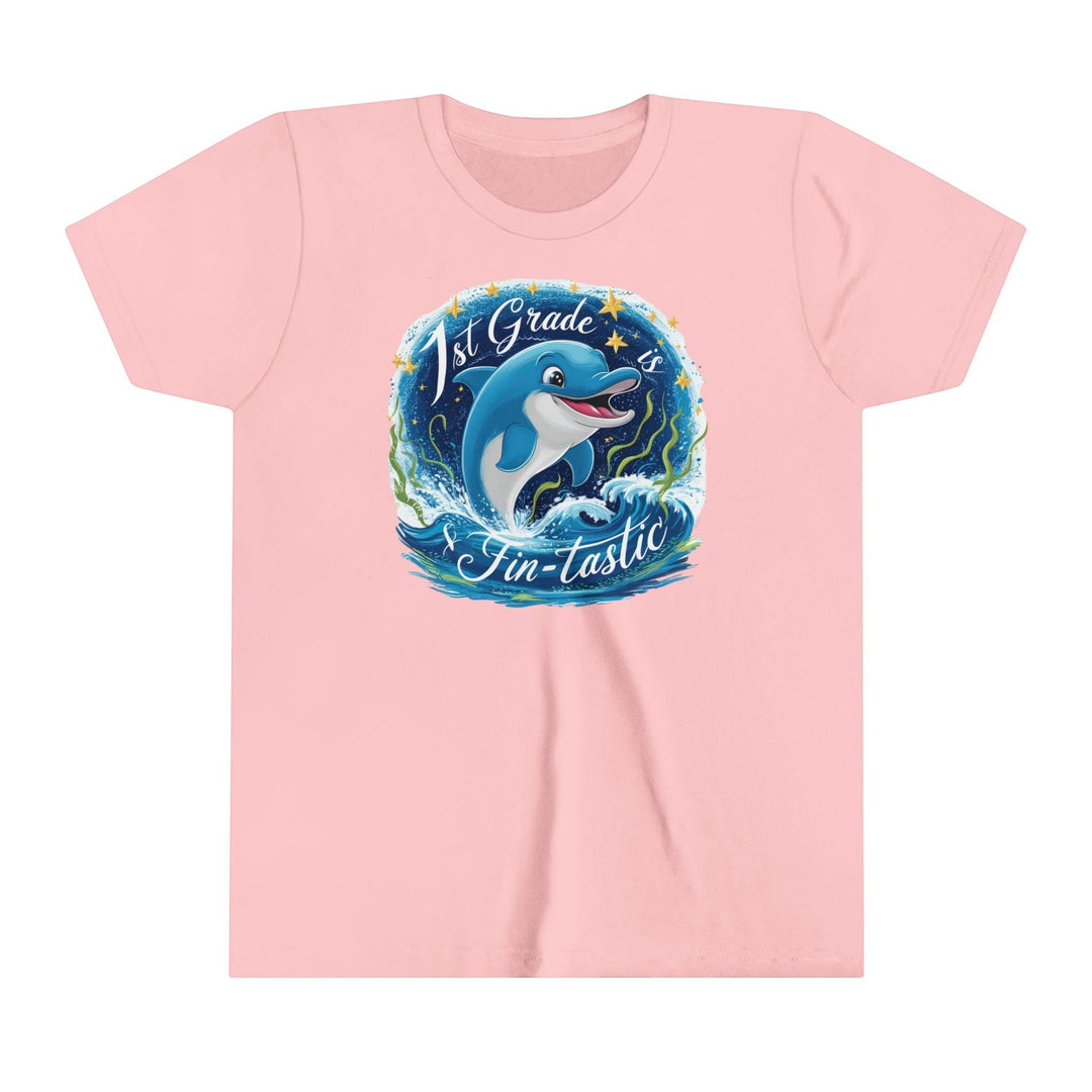 Sea Dragon Dreams youth pink short sleeve tee with a 1st Grade Fintastic dolphin graphic for back to school.