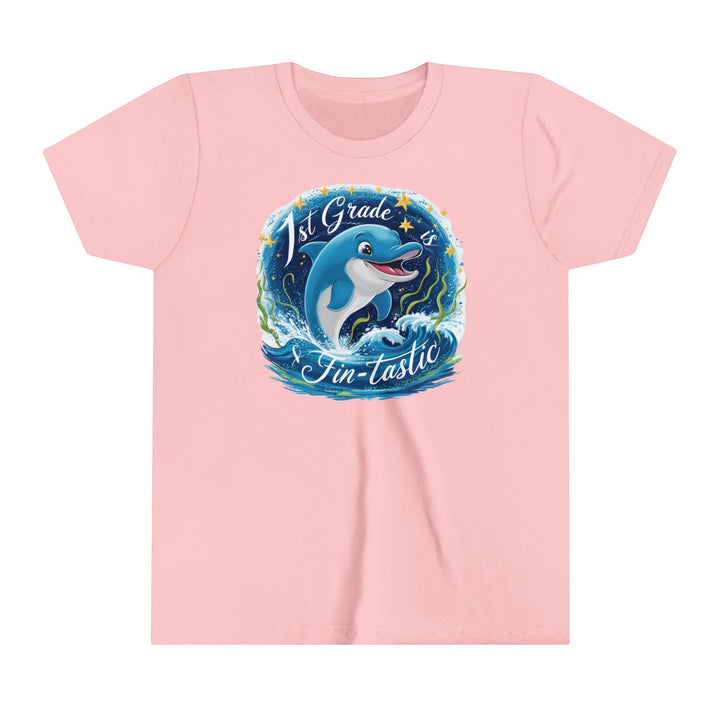 Sea Dragon Dreams youth pink short sleeve tee with a 1st Grade Fintastic dolphin graphic for back to school.