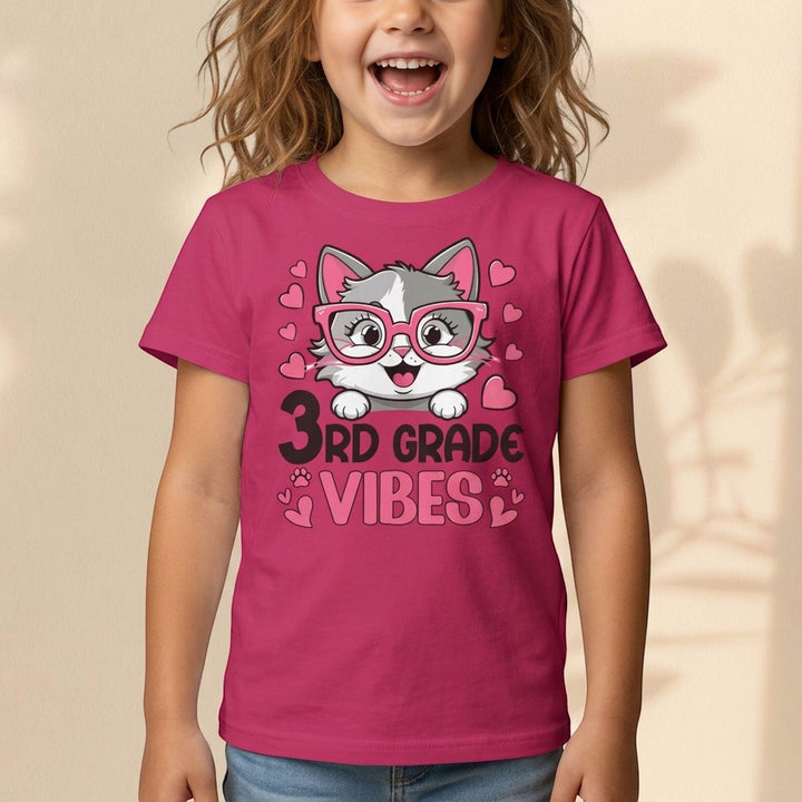 Sea Dragon Dreams pink youth t-shirt with a cute cat wearing glasses and 3rd Grade Vibes graphic for back to school