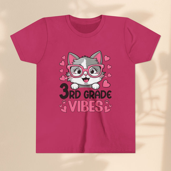 Sea Dragon Dreams youth t-shirt in dark pink featuring a cute cat wearing pink glasses and 3rd Grade Vibes graphic.