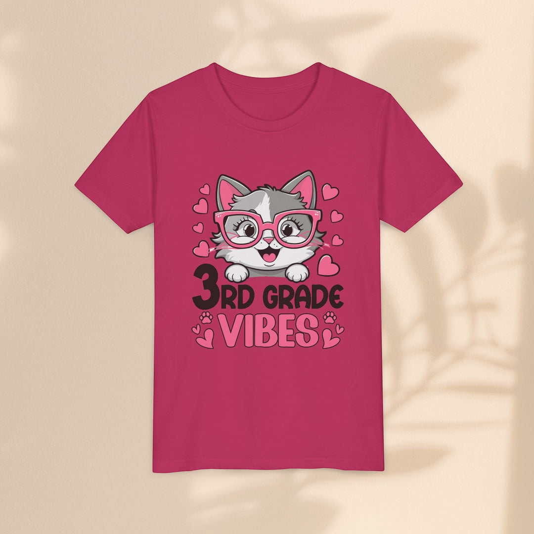 Sea Dragon Dreams youth t-shirt in dark pink featuring a cute cat with pink glasses and 3rd Grade Vibes text.
