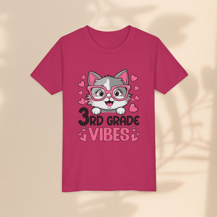 Sea Dragon Dreams youth t-shirt in dark pink featuring a cute cat with pink glasses and 3rd Grade Vibes text.