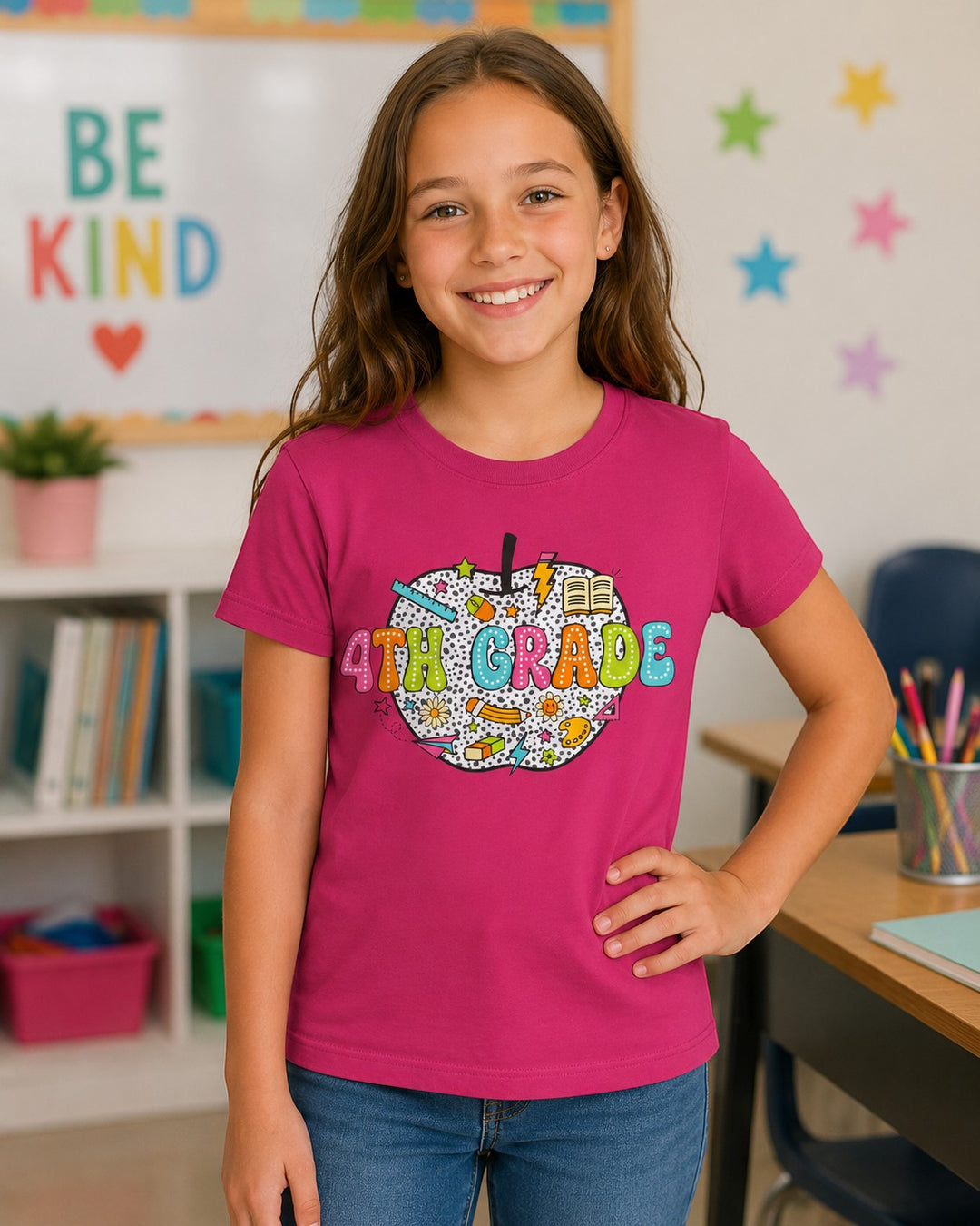 Sea Dragon Dreams youth t-shirt in pink with a 4th grade apple graphic, worn by a smiling girl in a classroom.