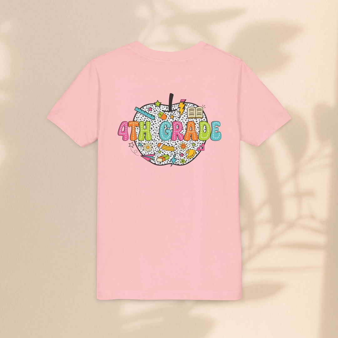 Sea Dragon Dreams light pink youth t-shirt featuring a colorful 4th Grade apple graphic with school supply icons.