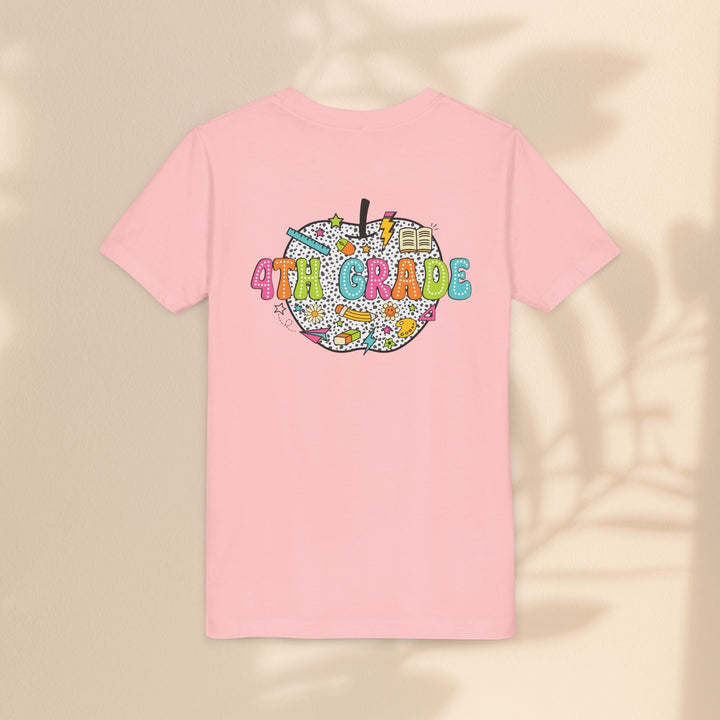 Sea Dragon Dreams light pink youth t-shirt featuring a colorful 4th Grade apple graphic with school supply icons.