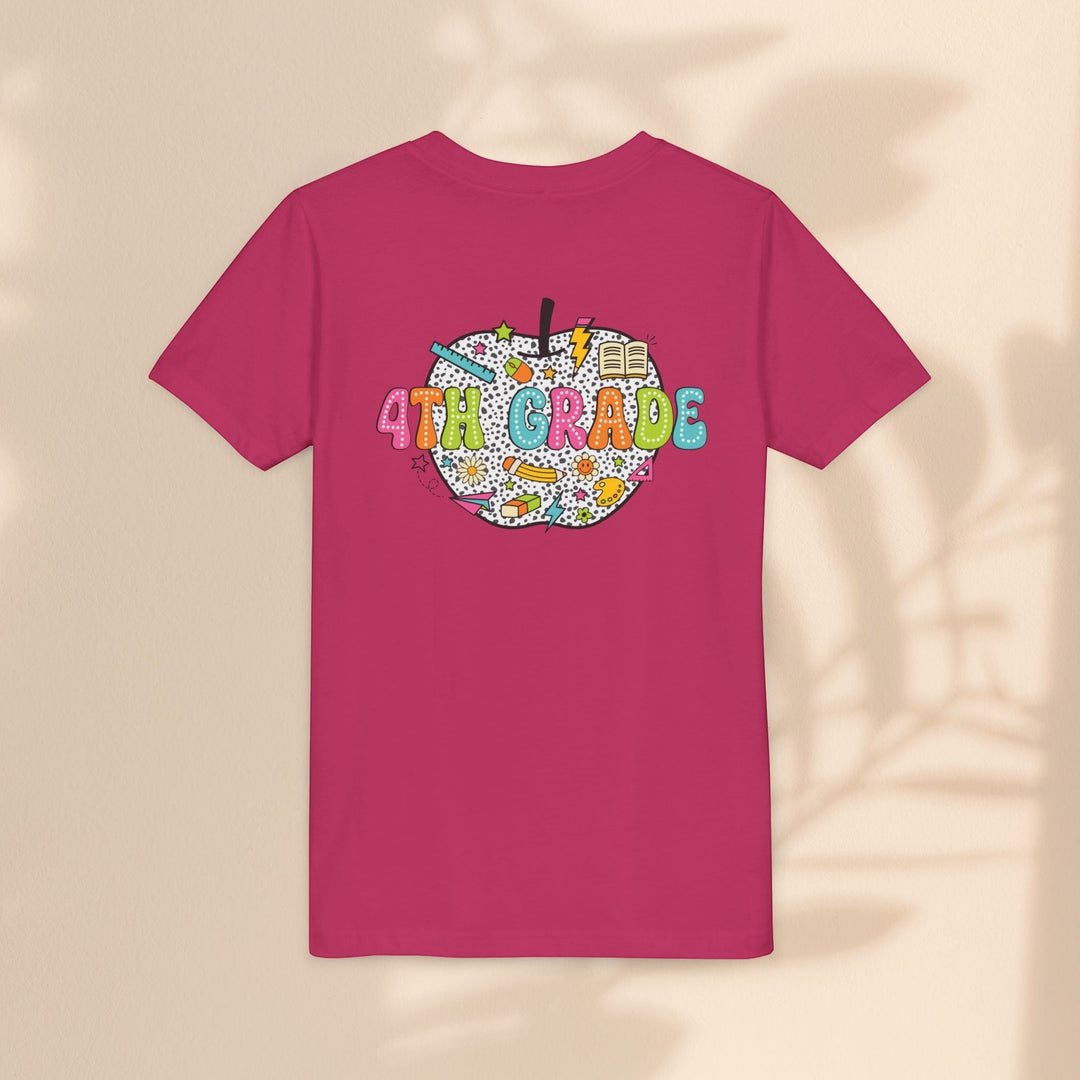 Sea Dragon Dreams pink youth t-shirt with a 4th grade apple graphic featuring school supplies on the back.