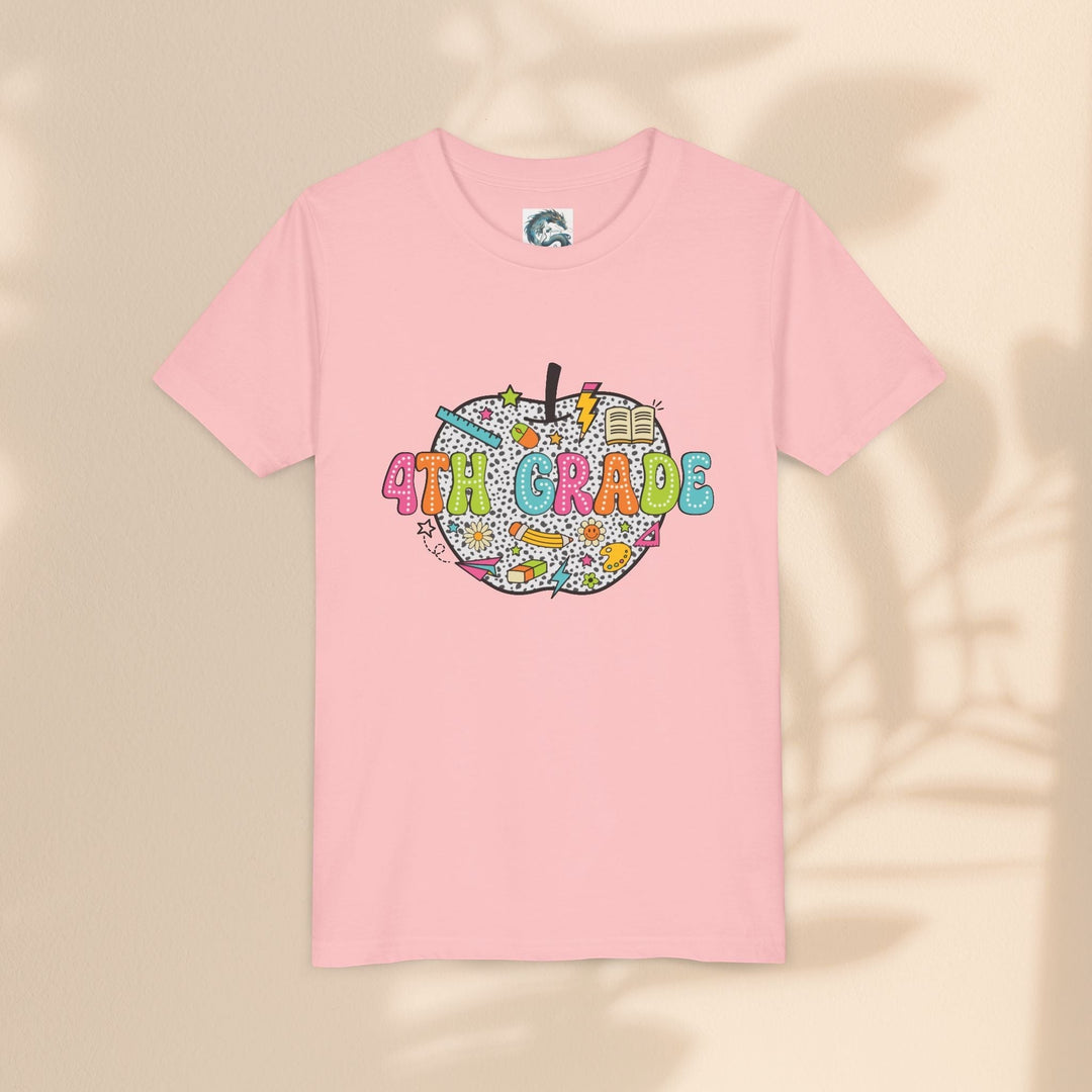 Sea Dragon Dreams soft pink youth t-shirt featuring a colorful 4th Grade apple graphic with school supplies.