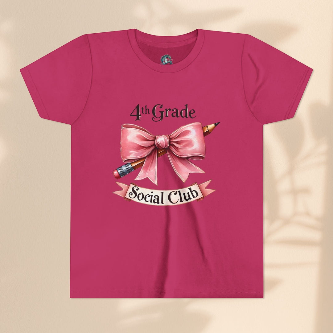 Sea Dragon Dreams youth short sleeve tee in dark pink featuring a 4th Grade Social Club graphic with a pencil and bow.