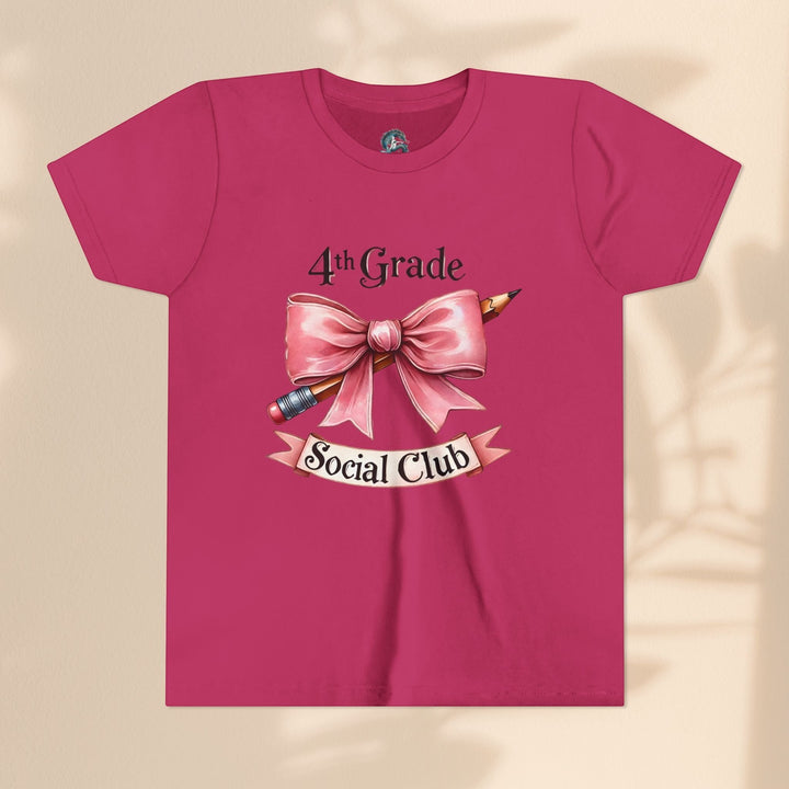 Sea Dragon Dreams youth short sleeve tee in dark pink featuring a 4th Grade Social Club graphic with a pencil and bow.