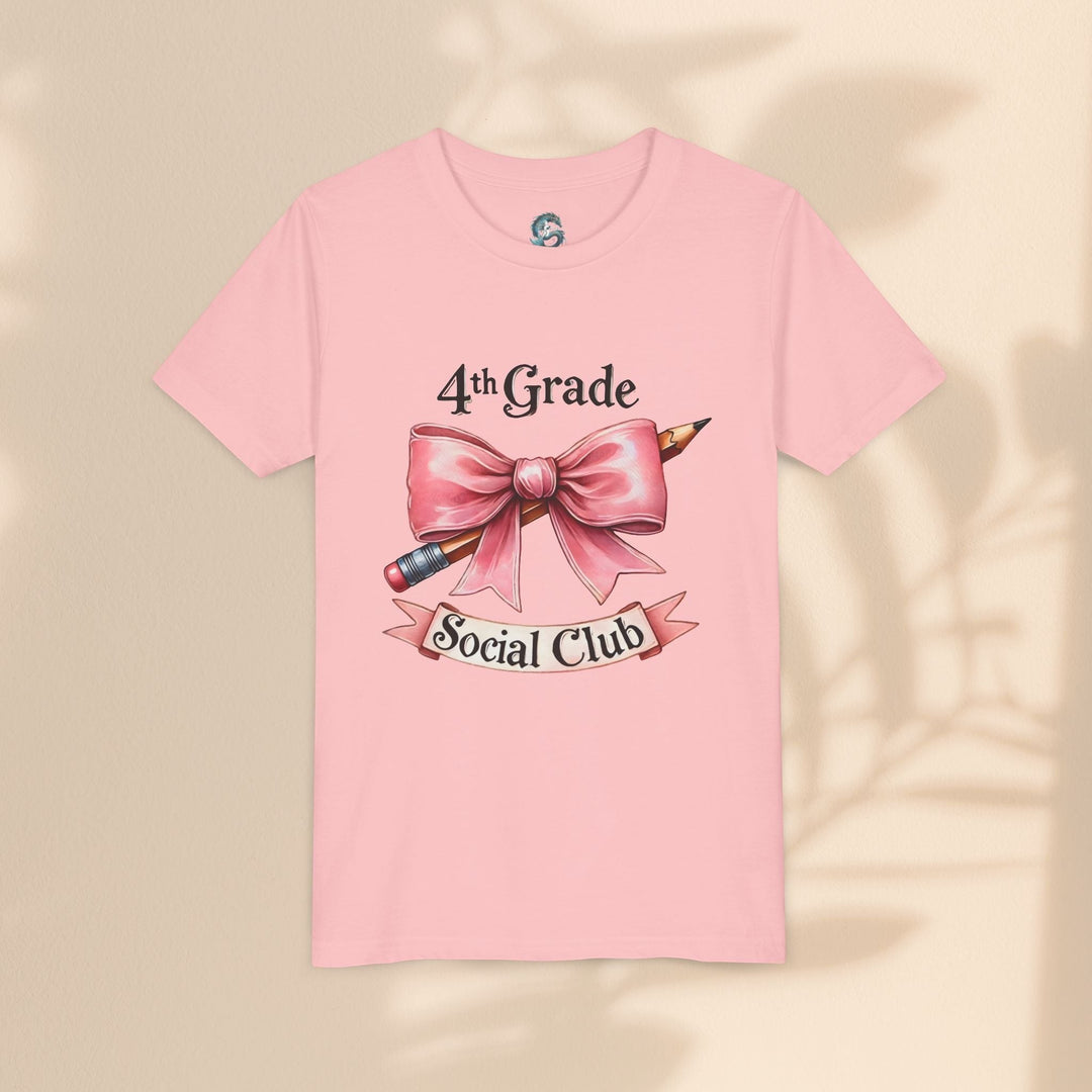 Sea Dragon Dreams youth pink cotton t-shirt with 4th Grade Social Club graphic featuring a pencil and pink bow.