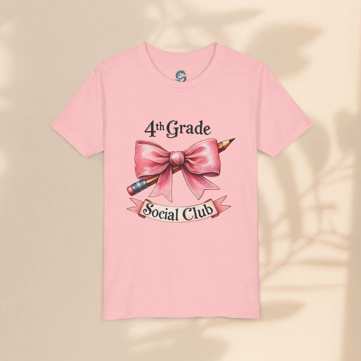 Sea Dragon Dreams youth pink cotton t-shirt with 4th Grade Social Club graphic featuring a pencil and pink bow.