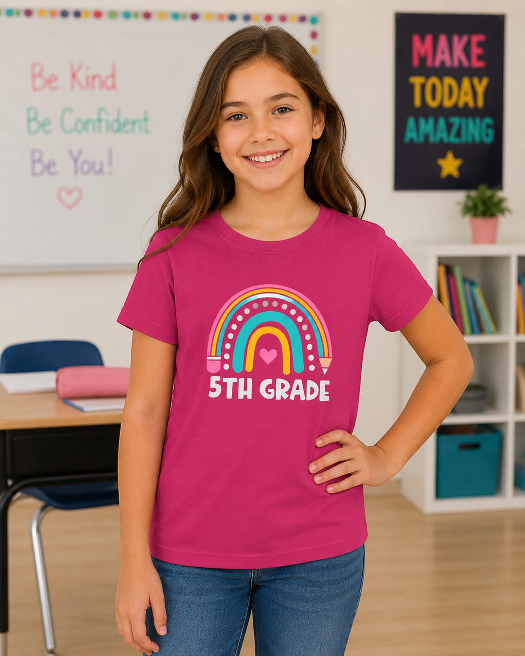 Sea Dragon Dreams youth tee in pink with a colorful rainbow 5th grade graphic worn by a smiling girl in a classroom.