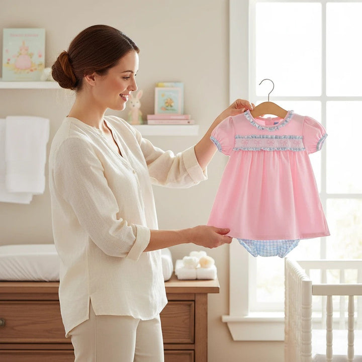 Sea Dragon Dreams pink baby dress with puff sleeves, ruffle trim, and bow detail, shown with matching diaper cover.