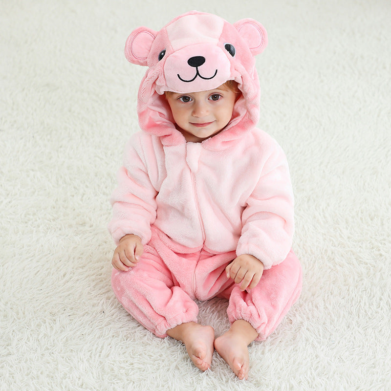 Sea Dragon Dreams pink bear hooded flannel onesie romper worn by a baby sitting on a soft white rug