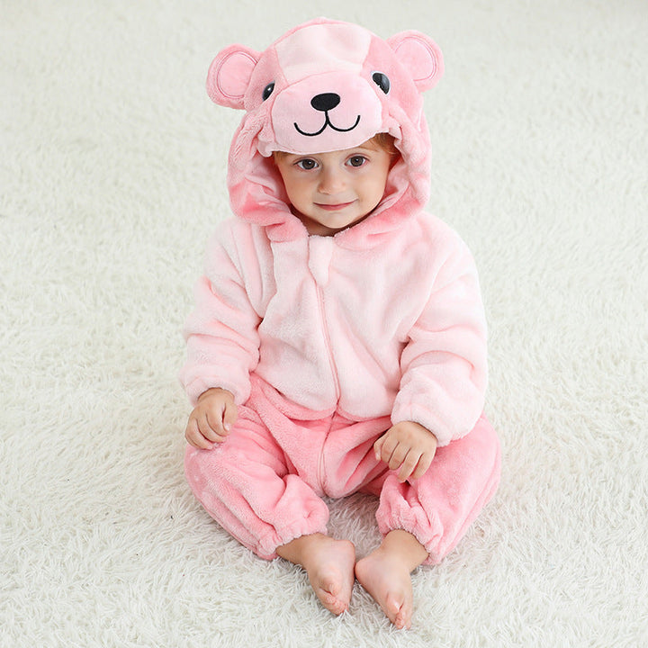 Sea Dragon Dreams pink bear hooded flannel onesie romper worn by a baby sitting on a soft white rug