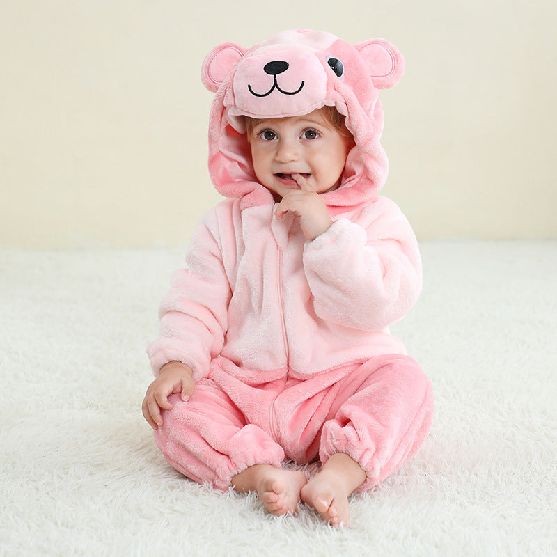 Sea Dragon Dreams pink bear hooded flannel onesie romper worn by a baby sitting on a white rug