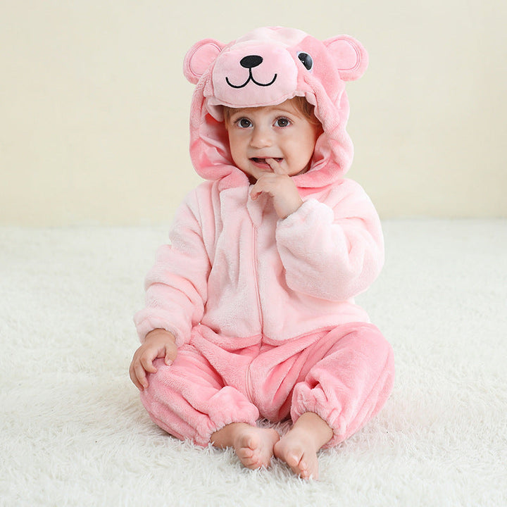 Sea Dragon Dreams pink bear hooded flannel onesie romper worn by a baby sitting on a white rug
