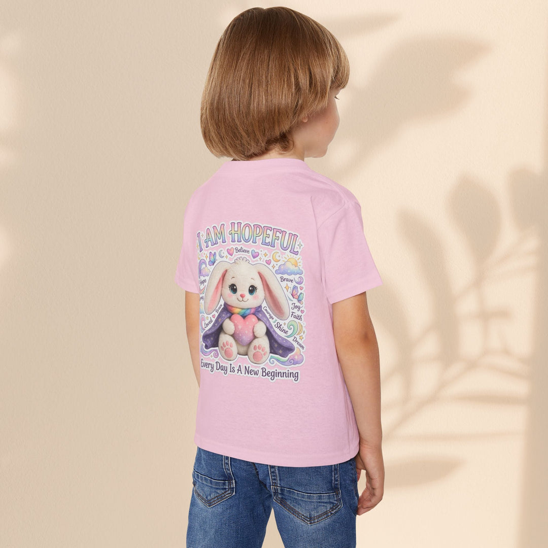 Sea Dragon Dreams toddler t-shirt in light pink cotton featuring a cute bunny graphic with I Am Hopeful text