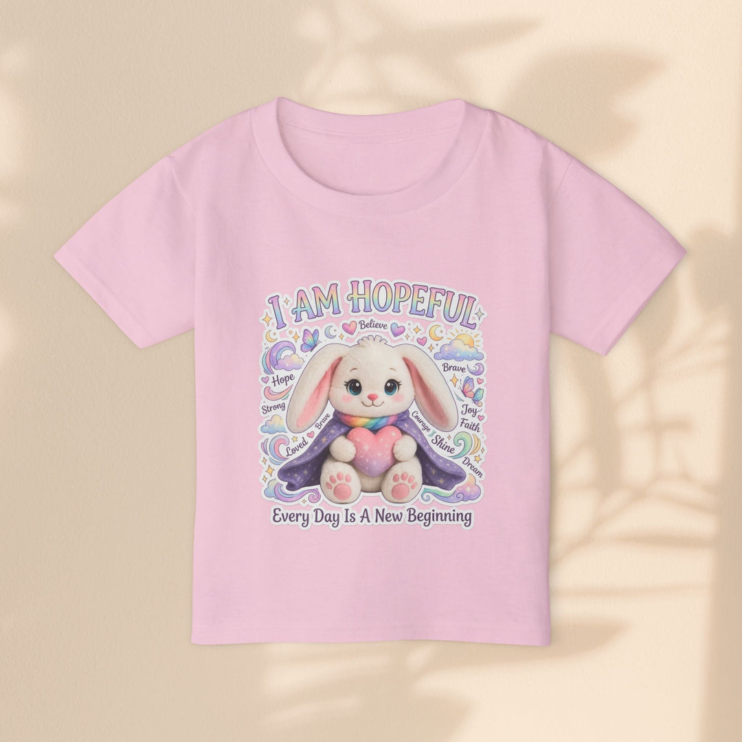Sea Dragon Dreams pink cotton toddler t-shirt featuring a cute bunny graphic with the text I Am Hopeful