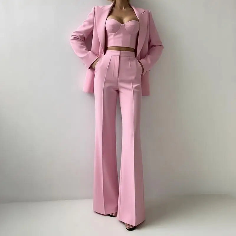 Sea Dragon Dreams pink 3-piece pantsuit featuring a tailored blazer, corset bustier top, and straight-leg trousers.