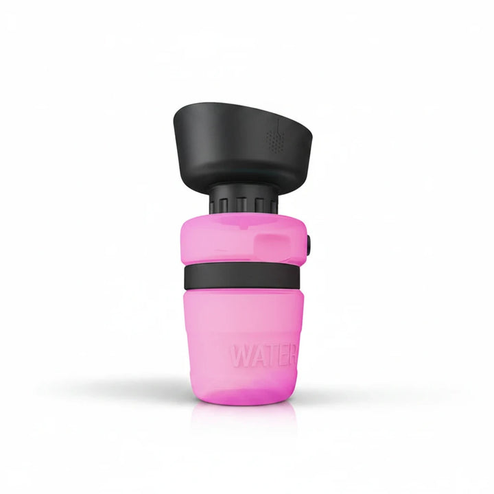 Sea Dragon Dreams portable pink dog travel water bottle with a black drinking cup for outdoor pet hydration