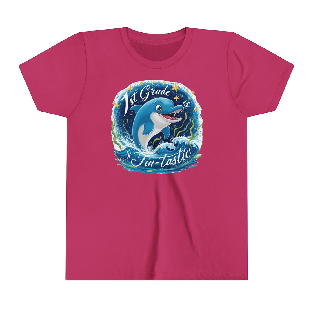 Sea Dragon Dreams youth short sleeve tee in dark pink featuring a 1st Grade Fintastic dolphin graphic print.