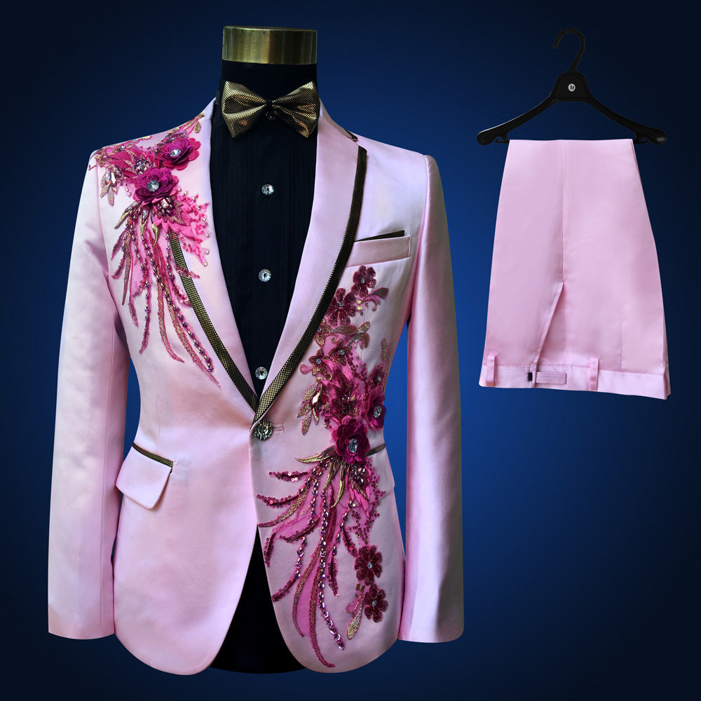 Sea Dragon Dreams pink slim-fit tuxedo blazer with floral embroidery and matching trousers for formal events