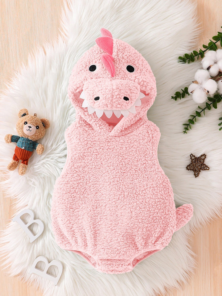 Sea Dragon Dreams pink fleece baby romper with a hooded dinosaur design, featuring teeth and soft textured fabric.