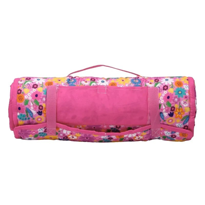 Sea Dragon Dreams pink floral kids roll-up nap mat with carrying handle and secure straps in a compact rolled position
