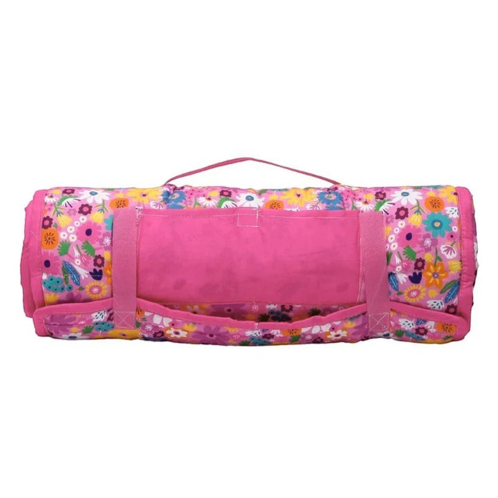 Sea Dragon Dreams pink floral kids roll-up nap mat with carrying handle and secure straps in a compact rolled position