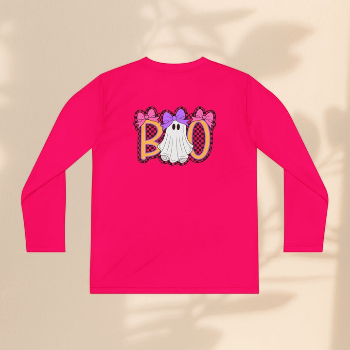 Sea Dragon Dreams kids long sleeve Halloween shirt in bright pink with a ghost and Boo graphic print on the back