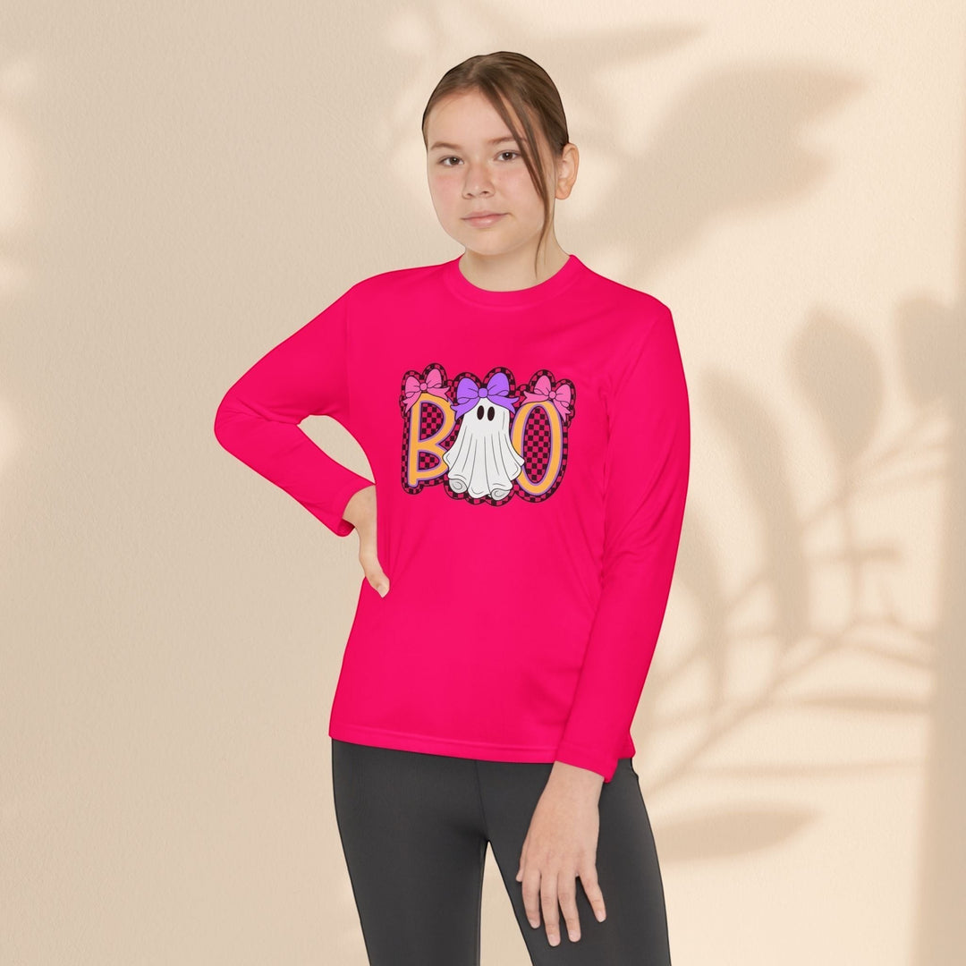 Sea Dragon Dreams youth long sleeve shirt in bright pink with a festive ghost Boo Halloween graphic print