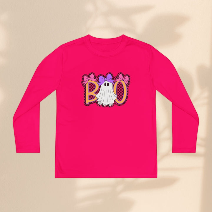 Sea Dragon Dreams kids long sleeve Halloween shirt in bright pink with a ghost Boo graphic and checkered bows