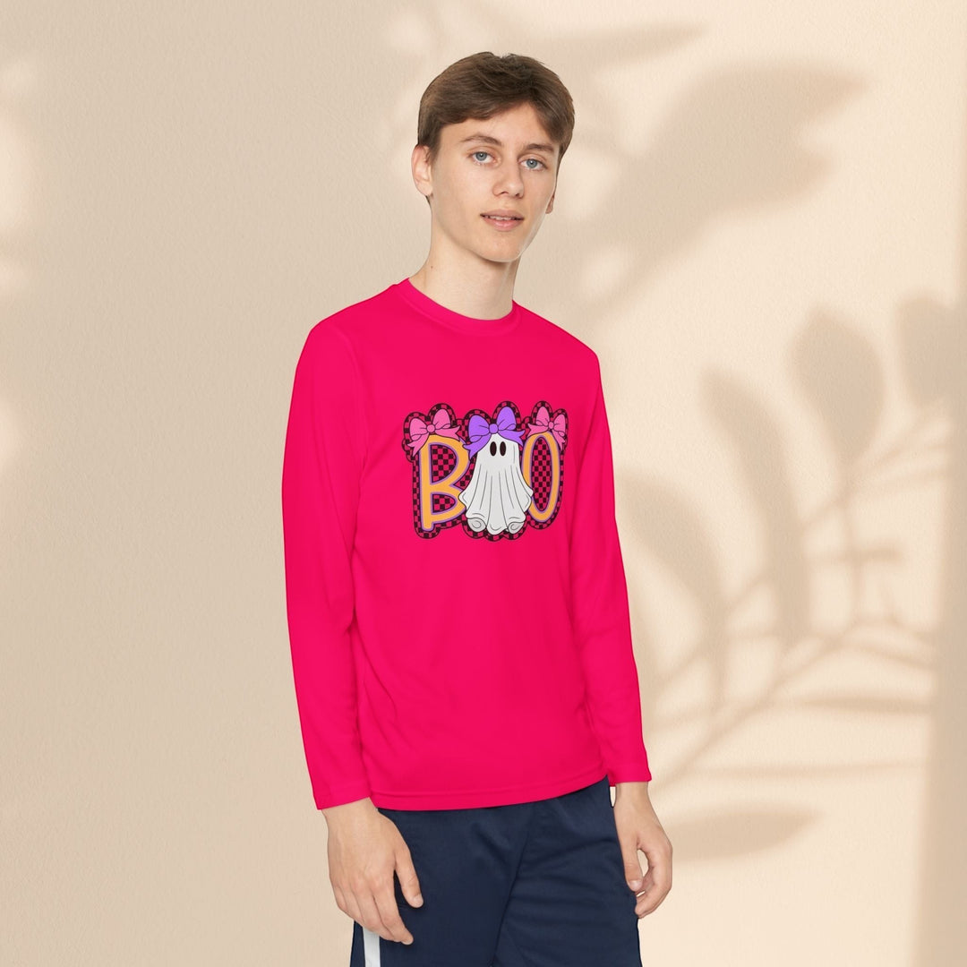 Sea Dragon Dreams youth long sleeve shirt in bright pink with a festive ghost Boo Halloween design on the front.
