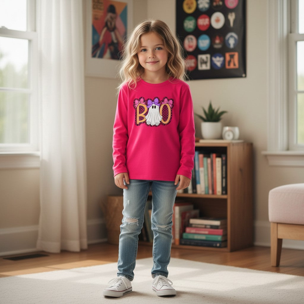 Sea Dragon Dreams kids long sleeve pink shirt featuring a cute ghost Boo graphic for Halloween, worn by a young girl.