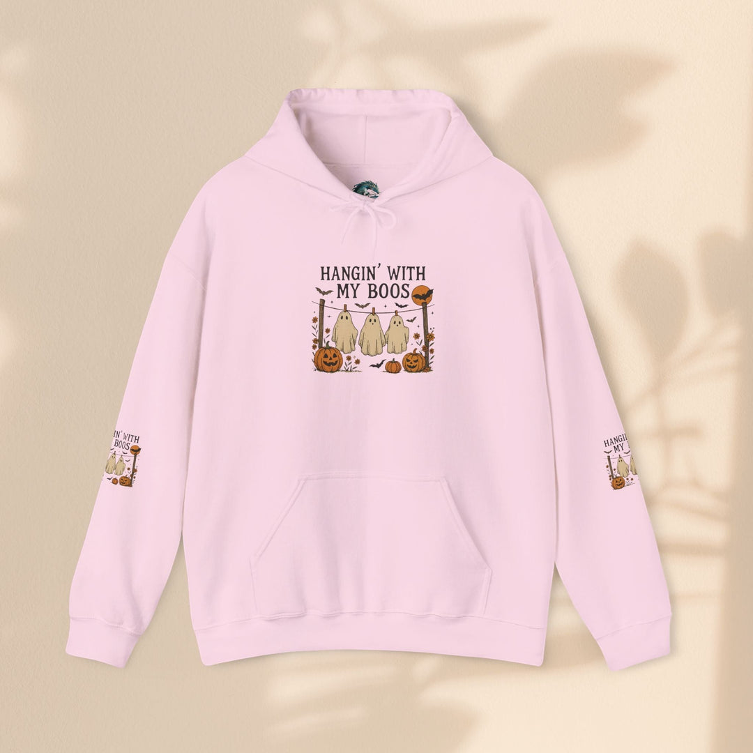 Sea Dragon Dreams light pink Halloween hoodie with a Hanging With My Boos ghost design and kangaroo pocket.