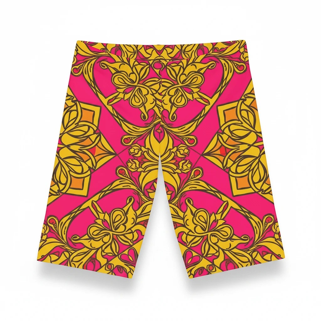 Sea Dragon Dreams women's bike shorts in a vibrant pink and gold symmetrical floral pattern, made from stretchy polyester.