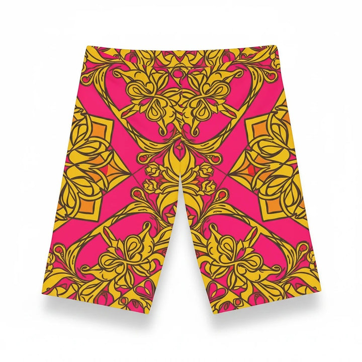 Sea Dragon Dreams women's bike shorts in a vibrant pink and gold symmetrical floral pattern, made from stretchy polyester.