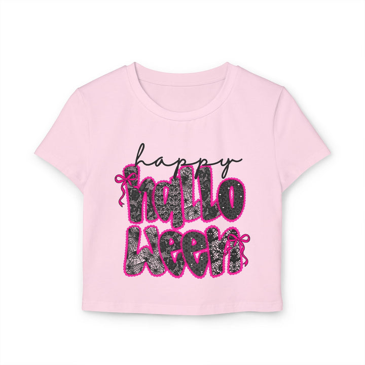 Sea Dragon Dreams light pink organic cotton baby tee with a black lace-patterned Happy Halloween graphic and pink bows