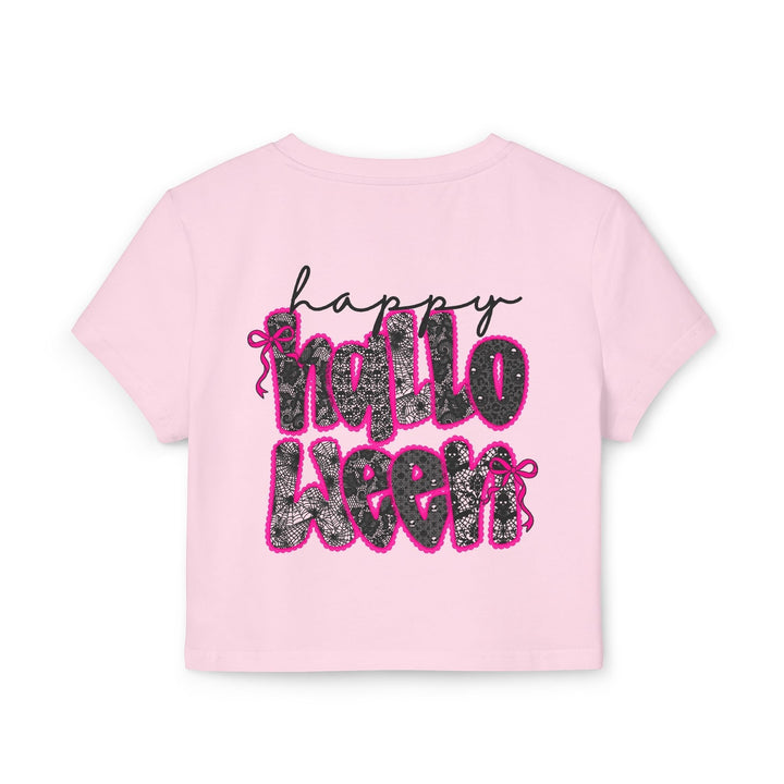 Sea Dragon Dreams light pink organic cotton baby tee with a black and pink Happy Halloween spiderweb graphic print.