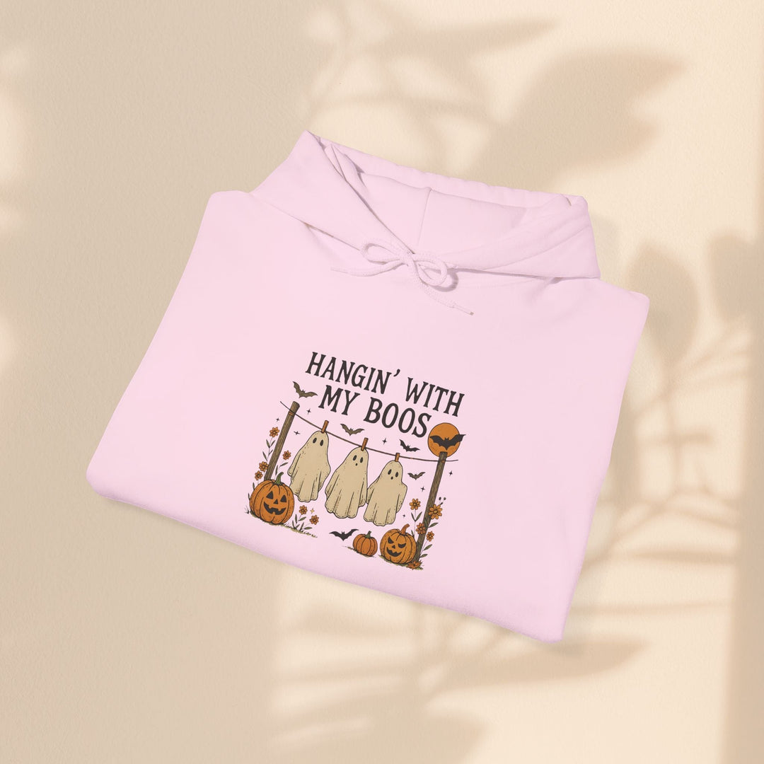 Sea Dragon Dreams light pink hooded sweatshirt with a Hanging With My Boos ghost and pumpkin Halloween graphic.