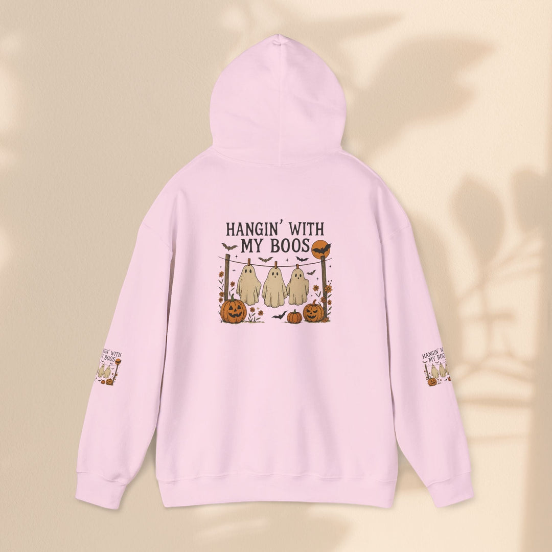 Sea Dragon Dreams light pink hooded sweatshirt with a Hanging With My Boos ghost and pumpkin Halloween graphic.