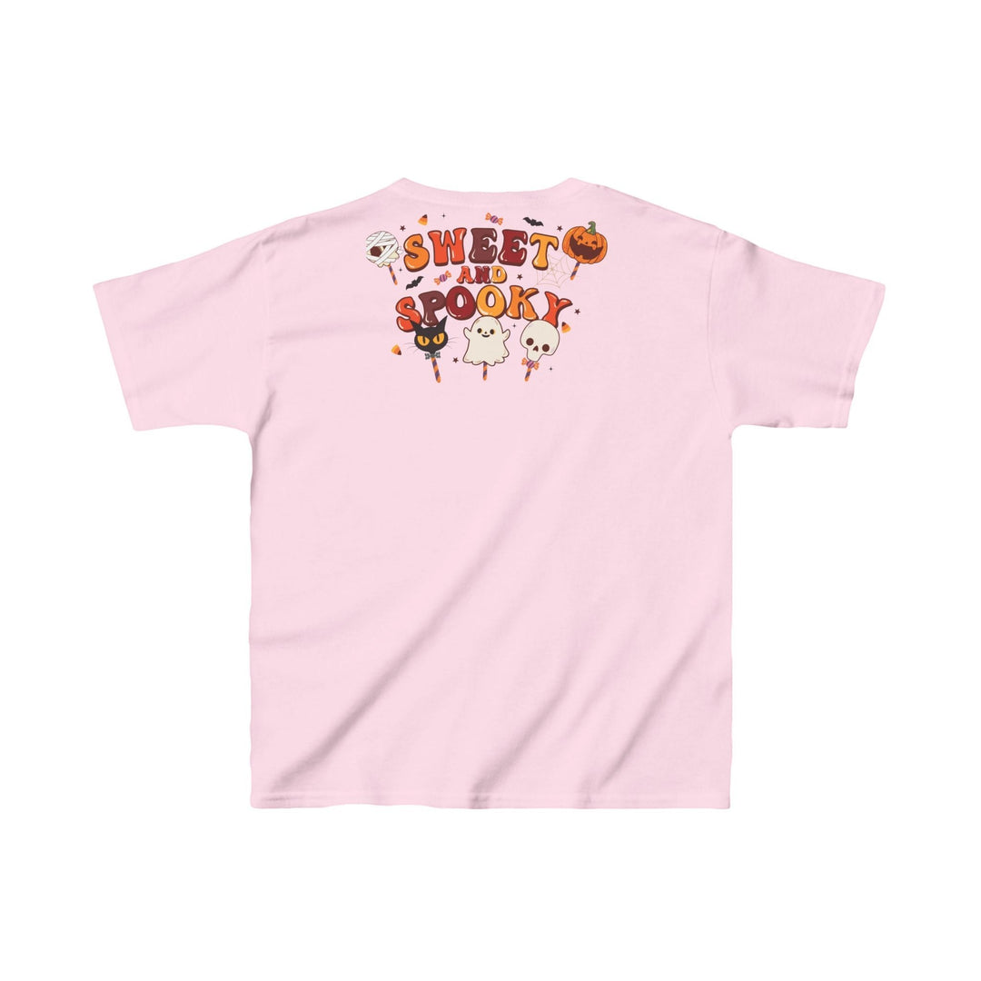 Sea Dragon Dreams light pink kids t-shirt with Sweet and Spooky Halloween graphic featuring a ghost, cat, and pumpkin.
